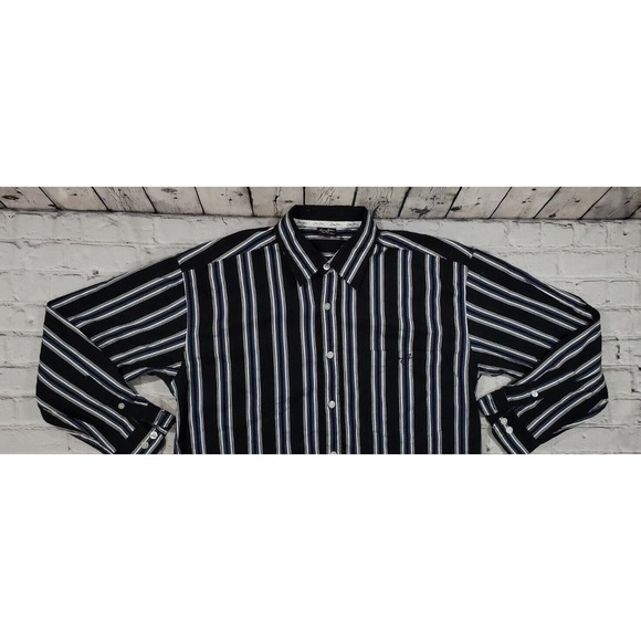 Sean John Black White Striped Button Up Collared Thick Shirt MENS SIZE LARGE - Picture 3 of 6